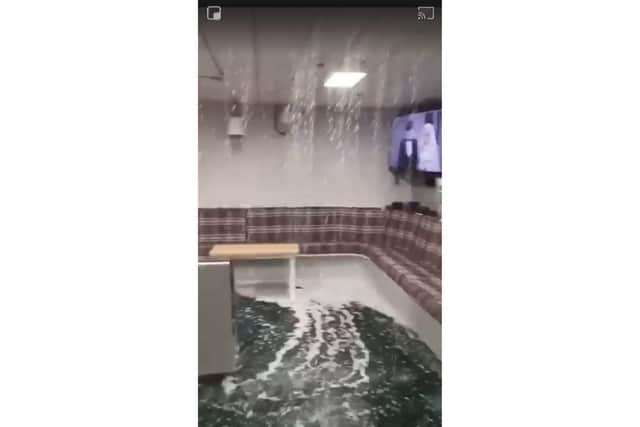 Stills from a video showing water from a burst pipe pouring into a room on HMS Prince of Wales 
Posted on Jackspeak Facebook page
