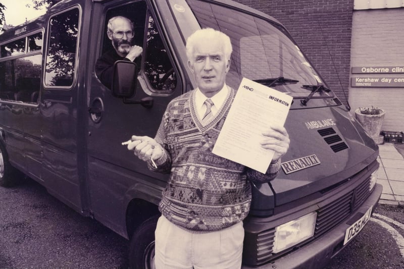 Bob Chappell and Gerald Everitt of Fareham & Gosport MIND, appealing for more drivers to assist them in driving mentally handicapped people to Kershaw Day Centre at Fareham, 1993. The News PP4700