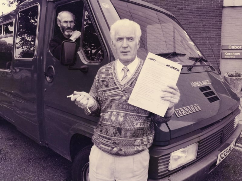 Bob Chappell and Gerald Everitt of Fareham & Gosport MIND, appealing for more drivers to assist them in driving mentally handicapped people to Kershaw Day Centre at Fareham, 1993. The News PP4700