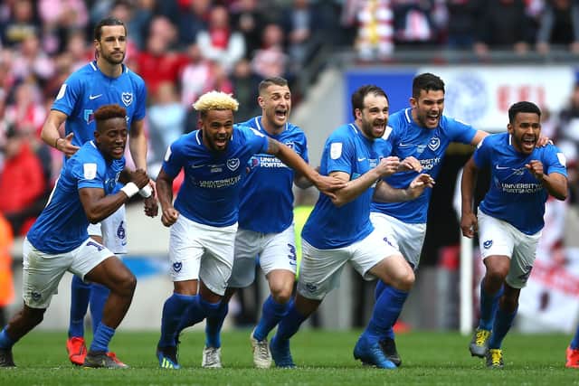 The Pompey players celebrate their 2019 Checkatrade Trophy final win against Sunderland. Picture: Jordan Mansfield/Getty Images