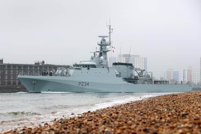 HMS Spey as she sailed for the first time out of Portsmouth as a fully-fledged member of the Overseas Patrol Squadron.