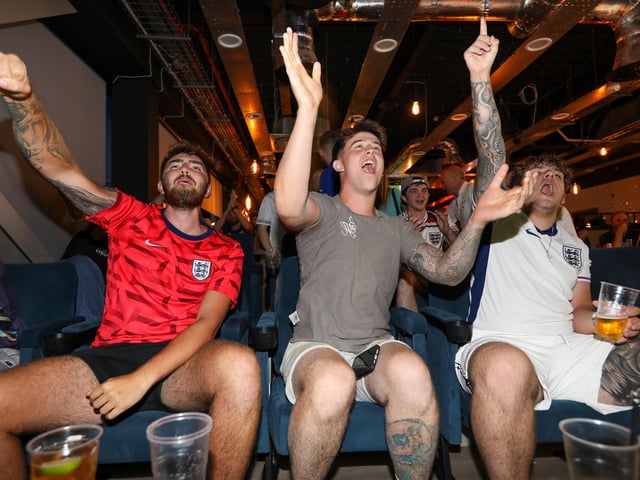 Celebrations at full-time. Fans watch Netherlands v England, UEFA Euros 2024 semi-final played in Dortmund, at Village Hotel, Lakeshore Drive, CoshamPicture: Chris  Moorhouse (100724-099)