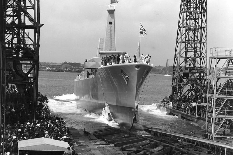 Launching of HMS Andromeda in 1967 from slipway in Portsmouth dockyard.  