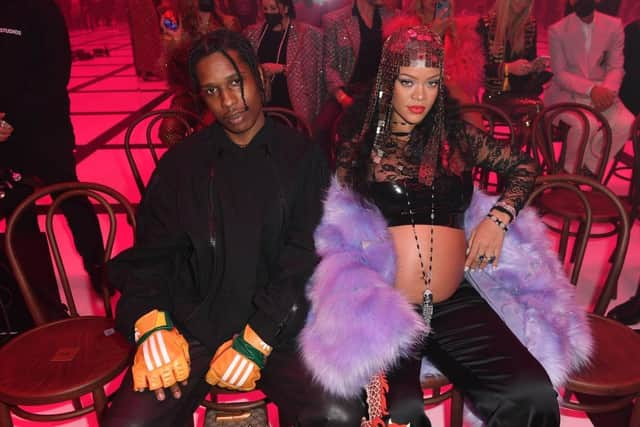 ASAP Rocky and Rihanna at the Gucci show during Milan Fashion Week on February 25, 2022.