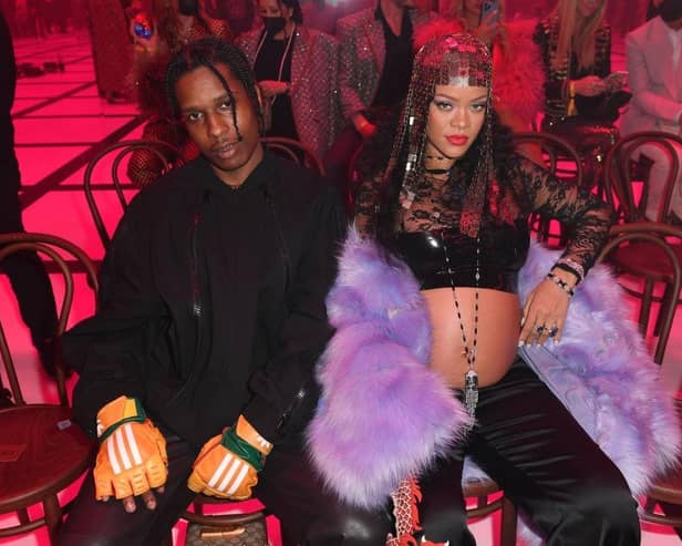 ASAP Rocky and Rihanna at the Gucci show during Milan Fashion Week on February 25, 2022.