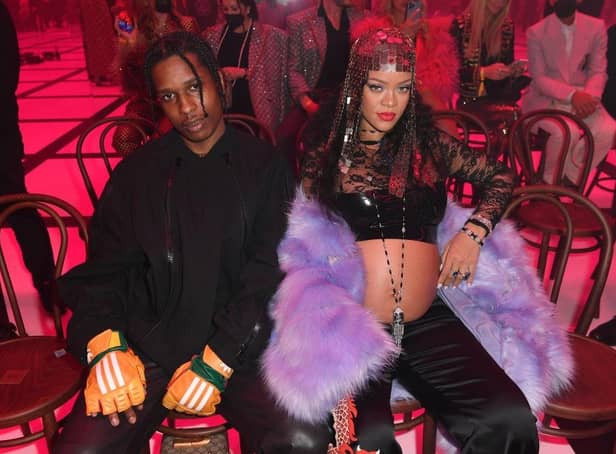 ASAP Rocky and Rihanna at the Gucci show during Milan Fashion Week on February 25, 2022.