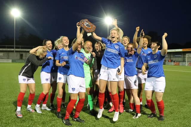 Pompey Women celebrate their PDFA Women's Cup triumph. Picture: Dave Haines