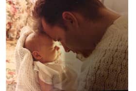 The Gumbrell family are set to walk 30 miles in memory of Callum, who lived for just one week, to mark what would have been his 30th birthday. Pictured: Dad Jeff with baby Callum