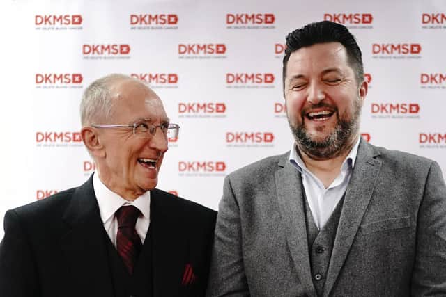 Acute myeloid leukaemia (AML) patient Ivor Godfrey-Davis, left, 73, from Andover, Hampshire, with his blood stem cell donor, Mark Jones, 54, from Witham, Essex, as they meet for the first time after the life-saving donation, at the offices of DKMS in London. Picture: Victoria Jones/PA Wire