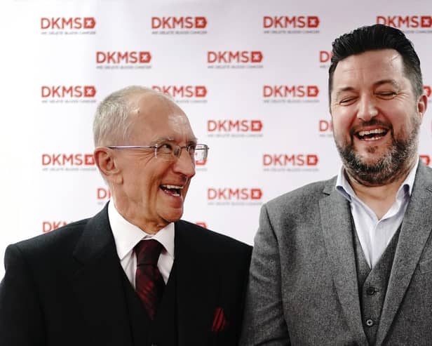 Acute myeloid leukaemia (AML) patient Ivor Godfrey-Davis, left, 73, from Andover, Hampshire, with his blood stem cell donor, Mark Jones, 54, from Witham, Essex, as they meet for the first time after the life-saving donation, at the offices of DKMS in London. Picture: Victoria Jones/PA Wire