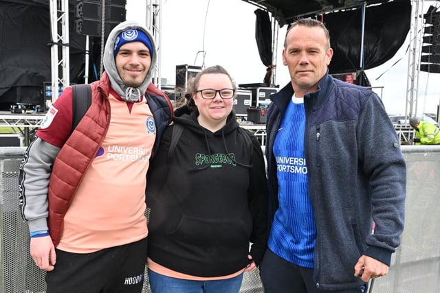 Pompey F.C football fans have been flocking to Southsea Common for the League One celebrations which have been organised by Portsmouth City Council. Pictured: (Left to Right) Jordan cullen, Harmony Aylott and Richard CullenPicture Credit: Keith Woodland