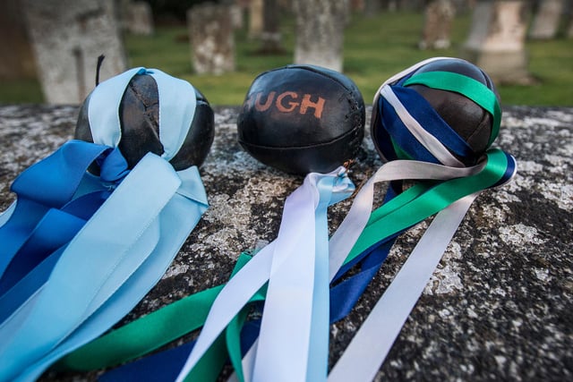 The 60th Ba' for Hugh Hornsby (author of the book Uppies v Downies) was hailed at Hobkirk decorated in the Preston North End Ribbons. Photo: Bill McBurnie.