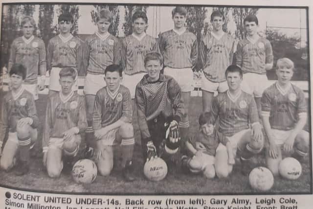 Solent United U14s, 1988. Back (from left): Gary Aimey, Leigh Cole, Simon Millington, Ian Leggett, Neil Ellis, Chris Watts, Steve Knight. Front: Brett Munden, Dominic Pannell, Steve Coleman, Justin Pannell, Lee Sparke (mascot), Darren Grant, Nicky Connor.
