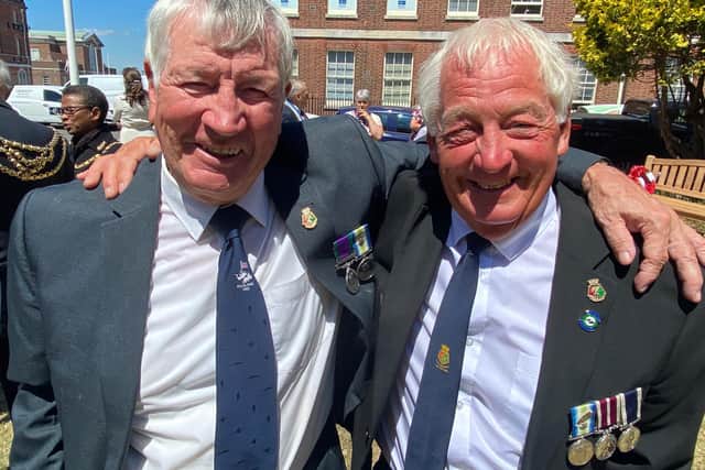 HMS Coventry survivor, Patrick Burke,77 of North End, pictured left with shipmate and pal Faz Fazackerley, 73, of Stubbington, during the unveiling of the new memorials to HMS Coventry and HMS Sheffield at Portsmouth Naval Base