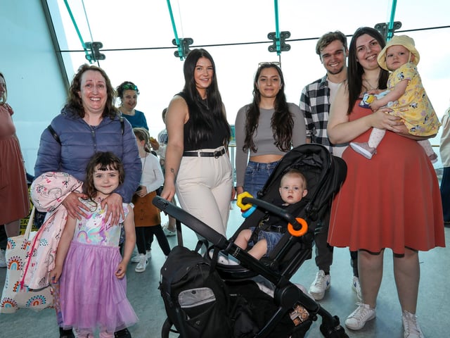 Children and parents excitedly queue to meet Bluey at the Spinnaker Tower.Picture: Chris Moorhouse (290524-34)