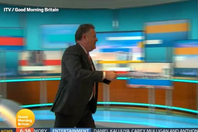 Video grab taken from ITV of presenter Piers Morgan walking off set during a Good Morning Britain discussion about the Duchess of Sussex with his colleague, Alex Beresford, the morning after the UK broadcast of the Duke and Duchess of Sussex interview with Oprah Winfrey. Photo: ITV/PA