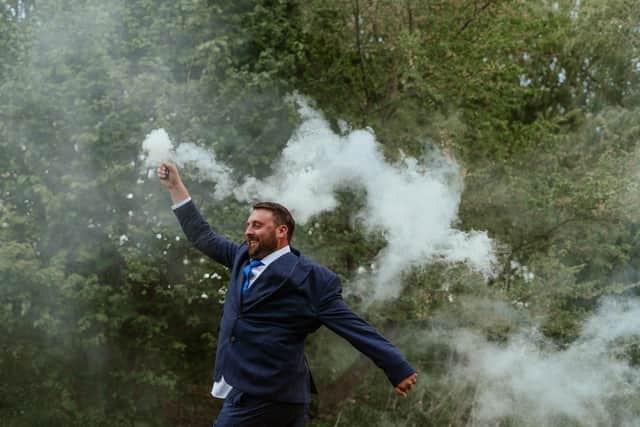 Aidan Longman has his own fun on his wedding day at The Tithe Barn, Petersfield. Picture: Carla Mortimer Photography