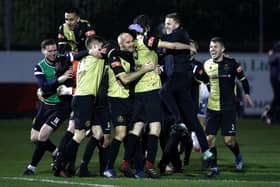 Marine celebrate their stunning FA Cup win over Hawks. Picture: Jan Kruger/Getty Images