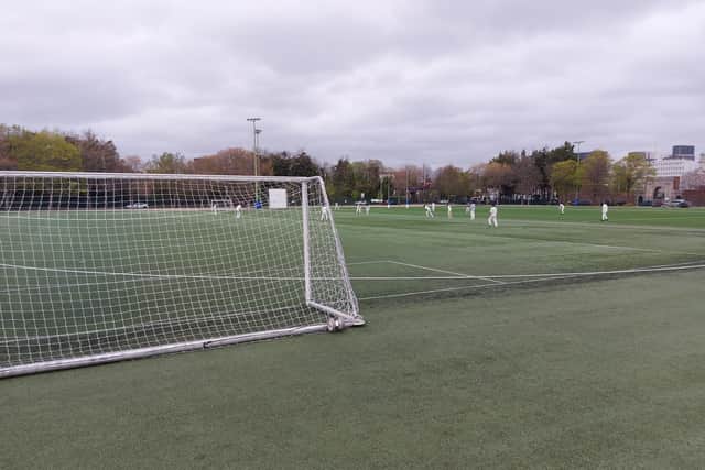 Football goals, rugby posts and a cricket wicket - all on view at HMS Temeraire as US Portsmouth host Follands in a Hampshire League Division 3 South match
