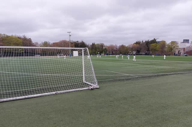 Football goals, rugby posts and a cricket wicket - all on view at HMS Temeraire as US Portsmouth host Follands in a Hampshire League Division 3 South match
