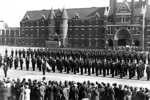 Officers from Portsmouth City Police parading at Victoria Barracks, Southsea, 1942.