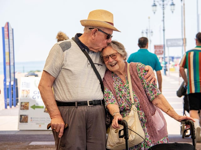 Pictured: Colin 88 and Ella Thorpe 90, enjoying the sun for their 67th anniversary