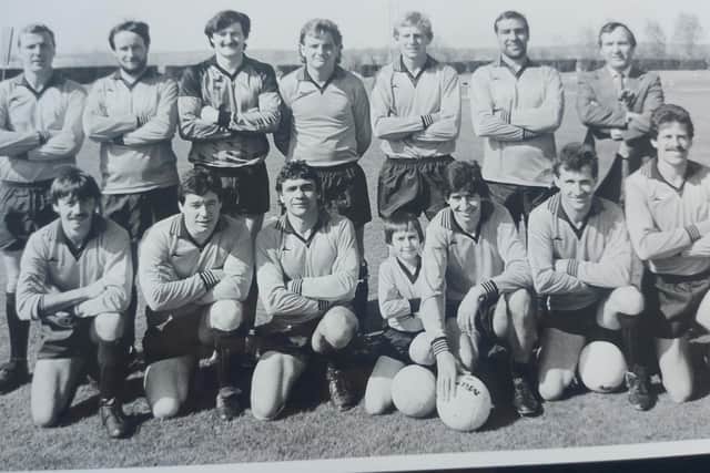 Dunham Bush, April 1984. Back (from left): Trevor Jones, Mark Ballentyne, Keith Merritt, Gordon Ellis, Jimmy Wearn, Roger Jones, Barry Spencer (manager). Front: Bob Spencer, Alan Nash, Alan Jones, Dan Spencer (mascot), Melvyn Gaffney, Billy Payne, Gary Knight.