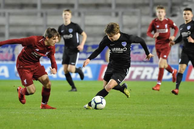 Oscar Johnston on the ball for Pompey in their FA Youth Cup tie at Liverpool in December 2018. Picture: Colin Farmery