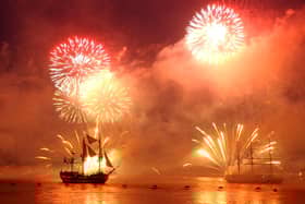 HMS Victory, played by the The Grand Turk, takes centre stage during a firework display which illuminated a re-enactment of the Battle of Trafalgar in the Solent, Tuesday June 28, 2005. The re-enactment acted as a finale to the Royal Fleet Review. See PA story SEA Trafalgar. PRESS ASSOCIATION Photo. Photo credit should read: Chris Young/PA