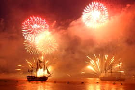 HMS Victory, played by the The Grand Turk, takes centre stage during a firework display which illuminated a re-enactment of the Battle of Trafalgar in the Solent, Tuesday June 28, 2005. The re-enactment acted as a finale to the Royal Fleet Review. See PA story SEA Trafalgar. PRESS ASSOCIATION Photo. Photo credit should read: Chris Young/PA