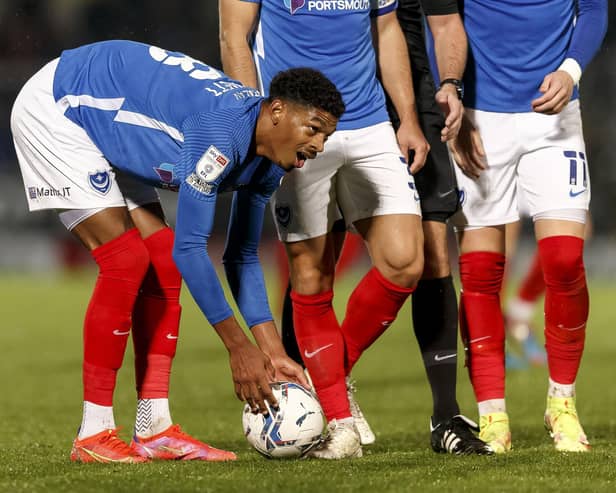 Reeco Hackett-Fairchild places the ball for the free-kick which would result in Pompey's consolation in last month's 2-1 defeat at Burton. Picture: Daniel Chesterton/phcimages.com