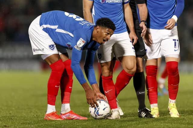 Reeco Hackett-Fairchild places the ball for the free-kick which would result in Pompey's consolation in last month's 2-1 defeat at Burton. Picture: Daniel Chesterton/phcimages.com