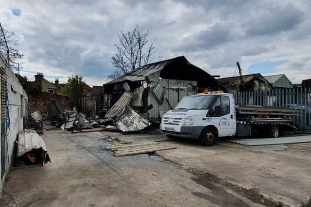 The aftermath of the blaze at Byngs Autos in Goldsmith Avenue, in Southsea in Portsmouth. The fire happened on April 28, 2021, and the photo shows the aftermath on April 29. Picture: Habibur Rahman