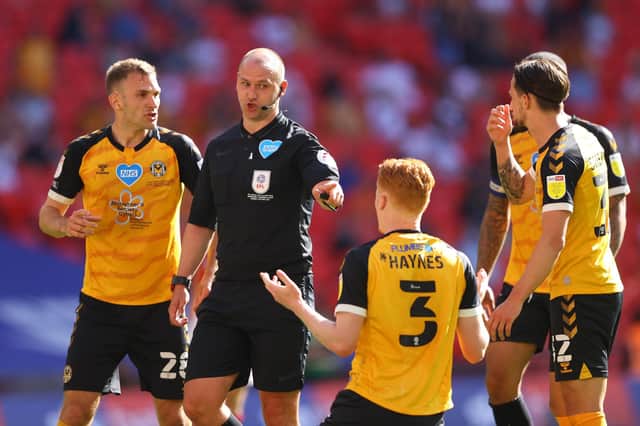 Referee Bobby Madley's controversial penalty decision condemned Newport - and Tom King - to a 1-0 Wembley defeat in the League Two play-off final. Picture: Richard Heathcote/Getty Images