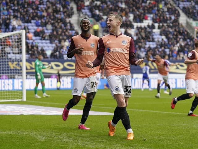 Paddy Lane celebrates after netting for a third successive Pompey match. Picture: Jason Brown/ProSportsImages