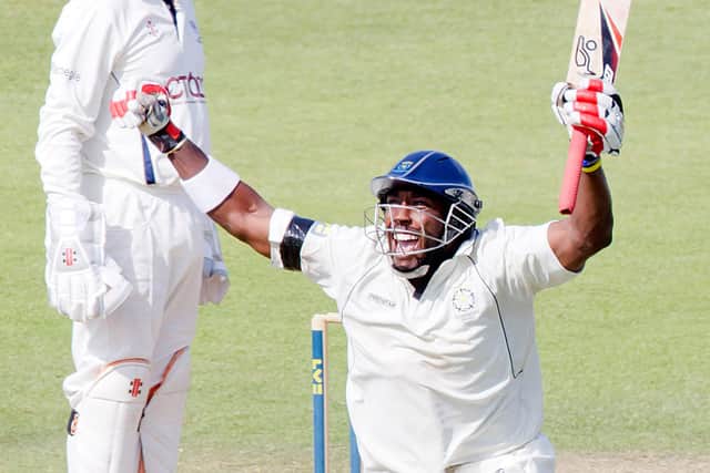 Michael Carberry reaches his triple century against Yorkshire in 2011. Picture: Barry Zee