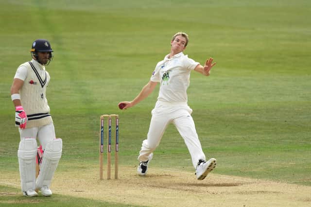 Tom Scriven bowling for Hampshire in their Bob Willis Trophy tie against Kent at Canterbury. Photo by Alex Davidson/Getty Images.