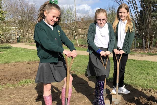 Year 4 pupils, (left to right), Taylor-Lea, Amber Parker and Evie Hayman, all nine, prepare the fields for sowing the barley.