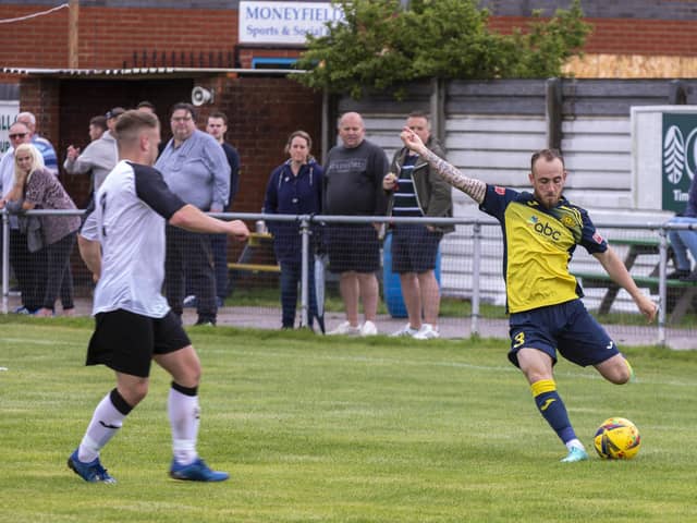 Elliott Turnbull, left, opened the scoring as Moneyfields beat Alton 3-0. Picture: Mike Cooter