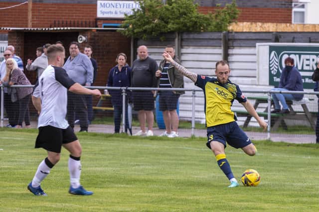 Elliott Turnbull, left, opened the scoring as Moneyfields beat Alton 3-0. Picture: Mike Cooter