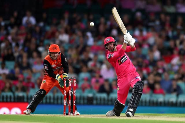 James Vince hits out during his innings of 95 in the BBL final in Sydney. Photo by Brendon Thorne/Getty Images.
