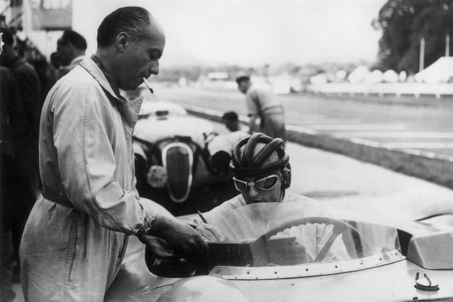 16th August 1952:  Driving team Pierre Levegh (1905 - 1955, left) and Philippe Etancelin (1896 - 1981) of France at the International 9-hour endurance race at Goodwood.  (Photo by Keystone/Getty Images)