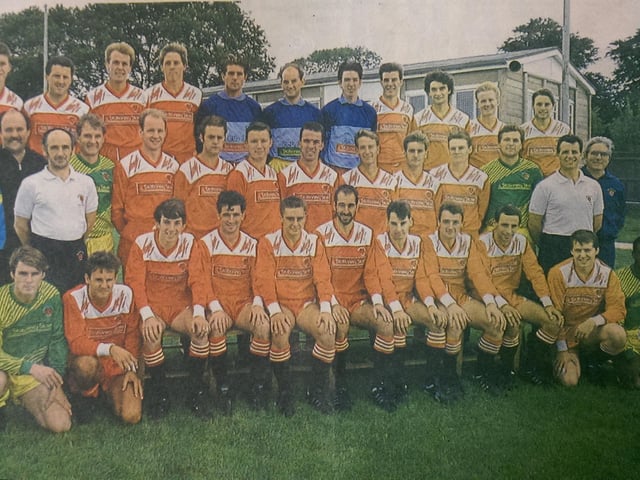 Dick Semark takes his place in this 1980s Horndean FC team picture. Back (from left) Steven Tee, Ian Shepard, Kev Gibbins, Dave Gladding, Tyrone Hoare, Neil Parkins, Bobby Stokes, Adrian Gilbert, Ian Usher, Paul Bandy and Keith Farbrace. Middle: Trevor Brock (secretary), Dick Semark (joint manager), Kevin Latham, Richard Collins, Richard Maclaren, Steve Cornish, Kevin Stokes, Mick Burden, Paul Hill, Dave Morgan, Graham Latham, Tony Mount (joint manager), Mike Oliver. Front: Paul Hinks, Dave Holden, Peter Grange, Gary Coleman, Lee Russell, Geoff Simpson (captain), Chris Walder, Mark Bailey, Gary Warton, Dave Head, Mick Scriven
