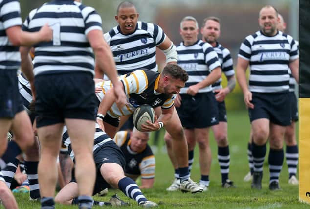 Portsmouth scrum-half Jamie Mac is held up just short of the try line. Picture: Chris Moorhouse (jpns 220423-041)