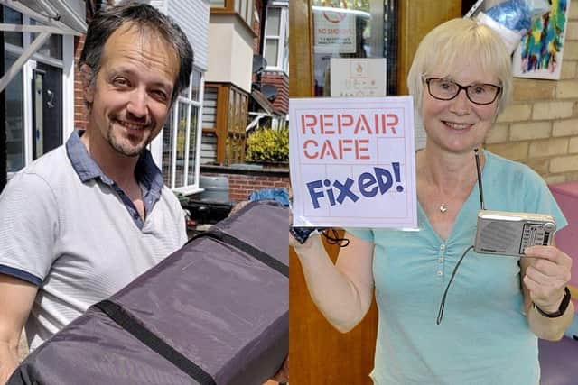 Left: A travel cot was donated by one of the project's supporters.
Right: A satified customer with her newly fixed radio at a pop-up 'Repair Cafe@ event.