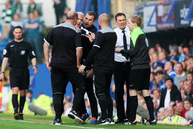 Paul Cook is sent to the stands following the flashpoint of Jamille Matt's headbutt on Michael Doyle in the League Two play-off semi-final first leg against Plymouth in May 2016. Picture: Joe Pepler