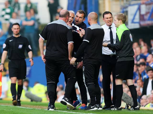 Paul Cook is sent to the stands following the flashpoint of Jamille Matt's headbutt on Michael Doyle in the League Two play-off semi-final first leg against Plymouth in May 2016. Picture: Joe Pepler