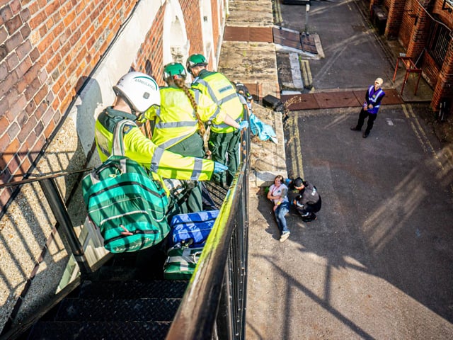 Emergency services exercise at Historic Dockyard, Portsmouth on Thursday 19th June 2025 Pictured: Actors around the aftermath of an improvised explosion in one of the buildings within the dockyard Picture: Habibur Rahman