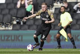 Joe Morrell in action for Pompey before his first-half sending off against Port Vale on Good Friday