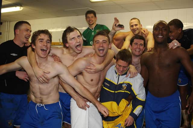 Hawks players celebrate after their FA Cup win at two divisions higher Notts County in 2007. This weekend, the two clubs meet again for the first time since that tie at Meadow Lane in the FA Trophy fifth round. Pic: Dave Haines
